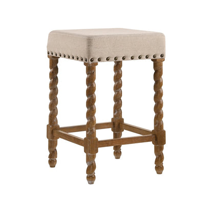 24" Cream And Natural Faux Leather And Fabric And Solid Wood Backless Counter Height Bar Chair