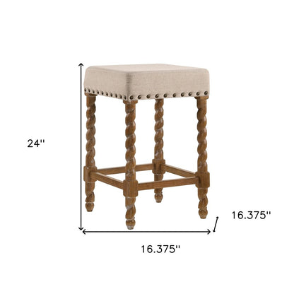 24" Cream And Natural Faux Leather And Fabric And Solid Wood Backless Counter Height Bar Chair