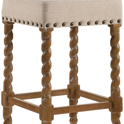 24" Cream And Natural Faux Leather And Fabric And Solid Wood Backless Counter Height Bar Chair