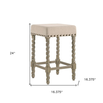 24" Cream And Gray Fabric And Solid Wood Backless Counter Height Bar Chair