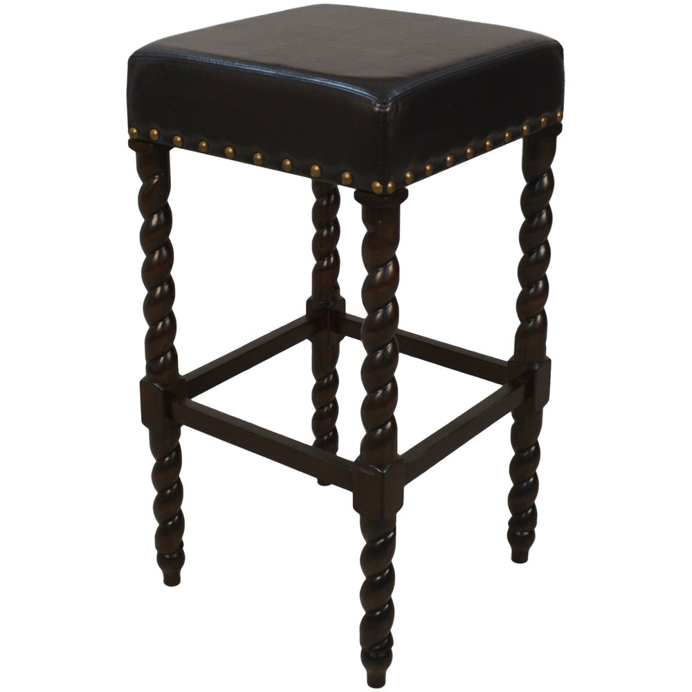 30" Black And Espresso Faux Leather And Fabric And Solid Wood Backless Bar Height Bar Chair