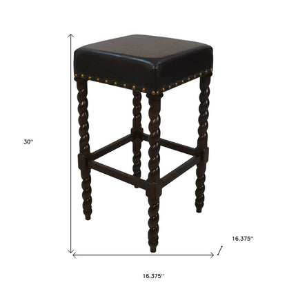 30" Black And Espresso Faux Leather And Fabric And Solid Wood Backless Bar Height Bar Chair