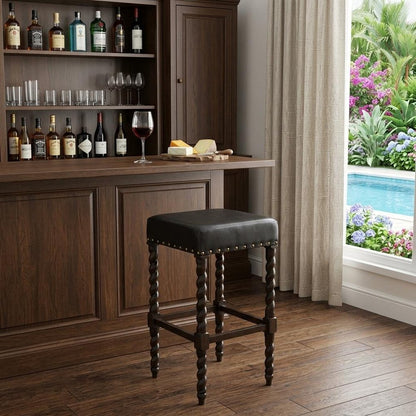 30" Black And Espresso Faux Leather And Fabric And Solid Wood Backless Bar Height Bar Chair