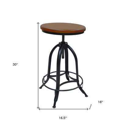 Chestnut And Black Solid Wood And Steel Backless Adjustable Height Swivel Bar Chair