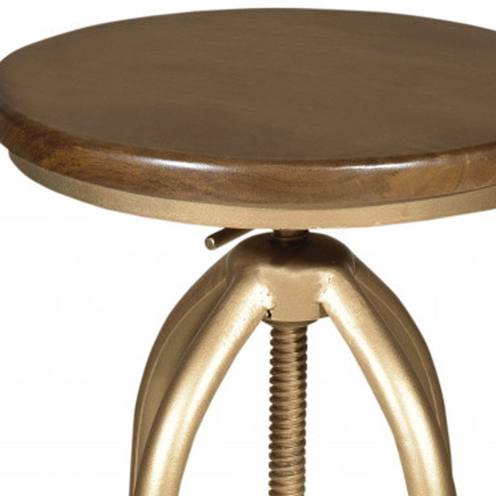 Brown And Gold Solid Wood And Steel Backless Adjustable Height Swivel Bar Chair