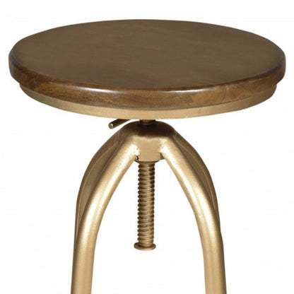 Brown And Gold Solid Wood And Steel Backless Adjustable Height Swivel Bar Chair
