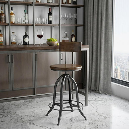 Chestnut And Black Solid Wood And Steel Low Back Adjustable Height Swivel Bar Chair