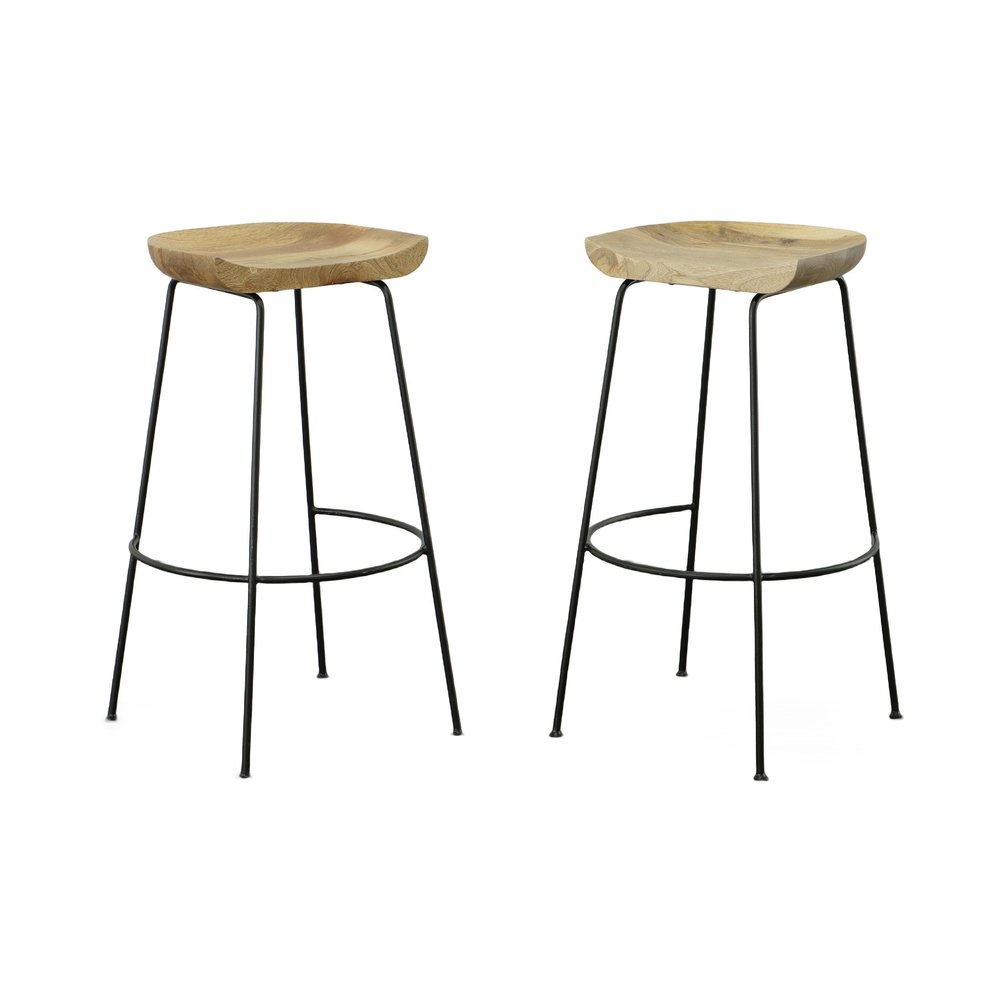 Set of Two 31" Natural And Black Solid Wood And Steel Backless Bar Height Bar Chairs
