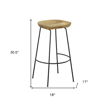Set of Two 31" Natural And Black Solid Wood And Steel Backless Bar Height Bar Chairs