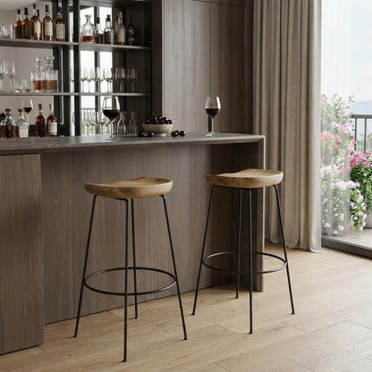 Set of Two 31" Natural And Black Solid Wood And Steel Backless Bar Height Bar Chairs