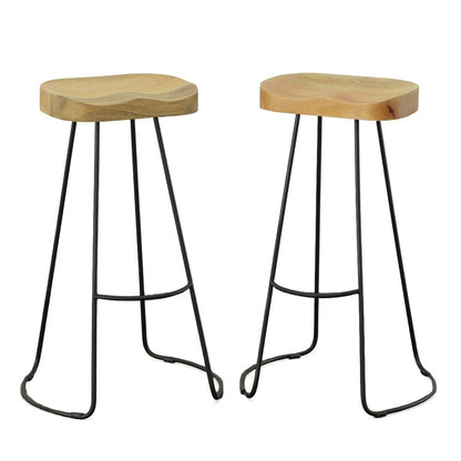 Set of Two 31" Natural And Black Solid Wood And Steel Backless Bar Height Bar Chairs