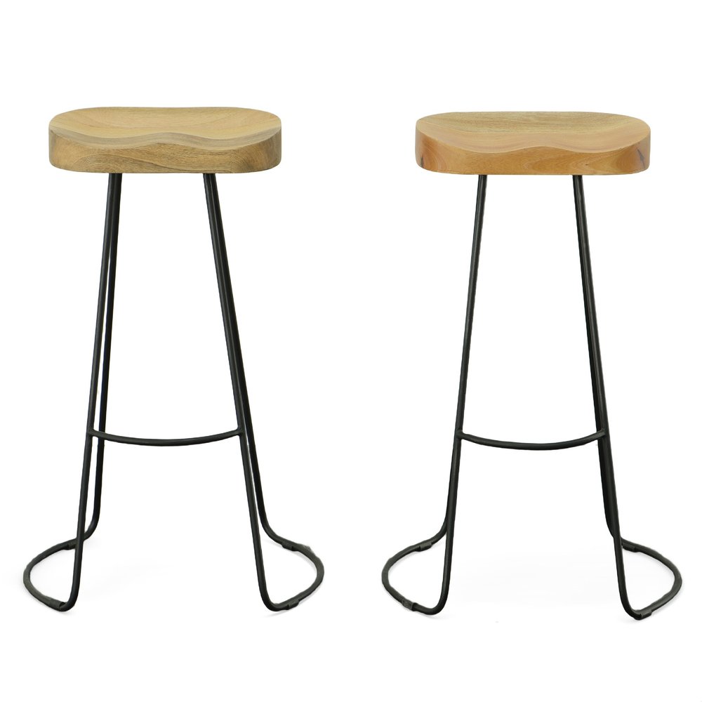 Set of Two 31" Natural And Black Solid Wood And Steel Backless Bar Height Bar Chairs