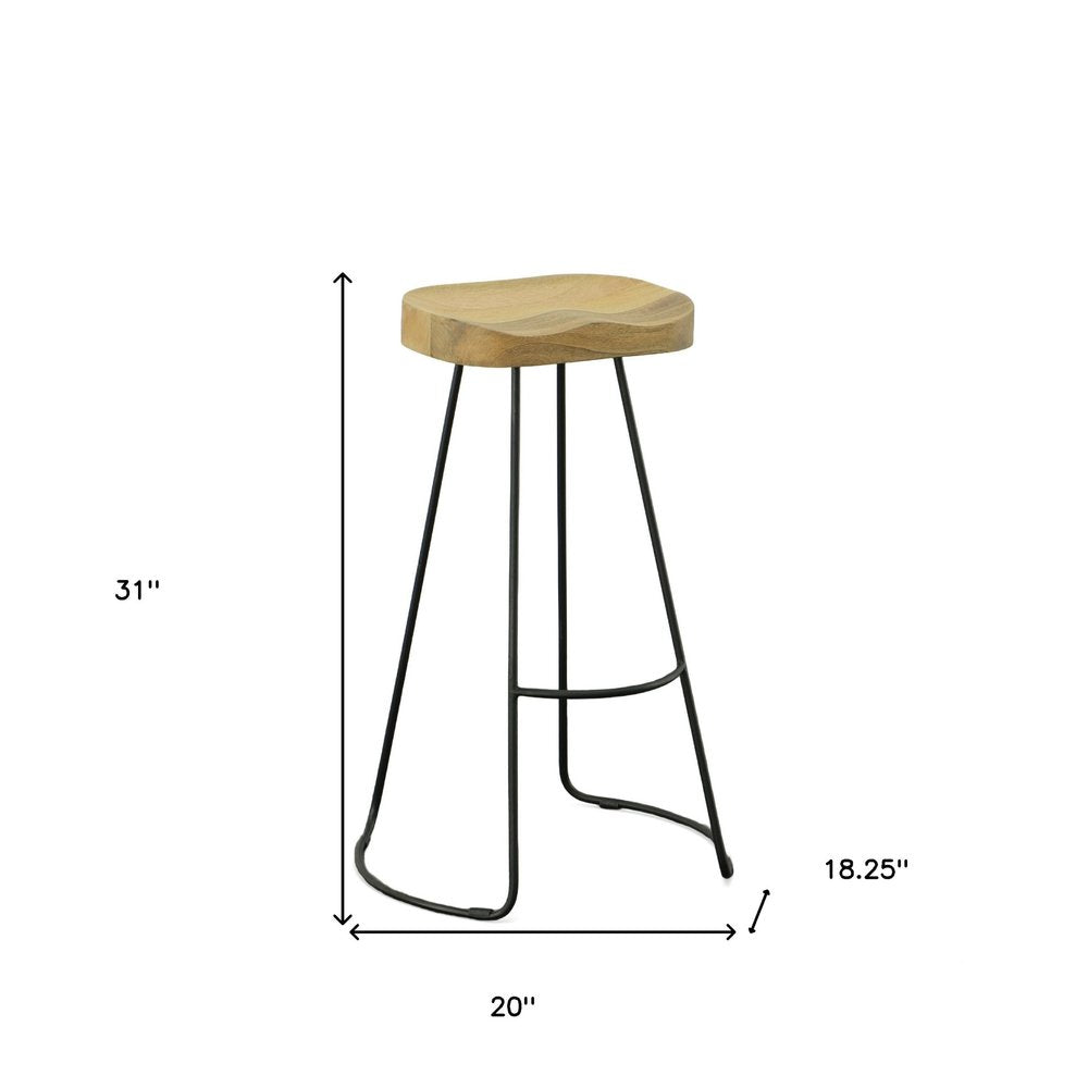 Set of Two 31" Natural And Black Solid Wood And Steel Backless Bar Height Bar Chairs