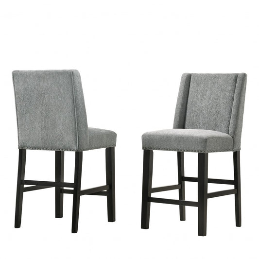 Set of Two 42" Charcoal And Espresso Fabric And Solid Wood Bar Chairs
