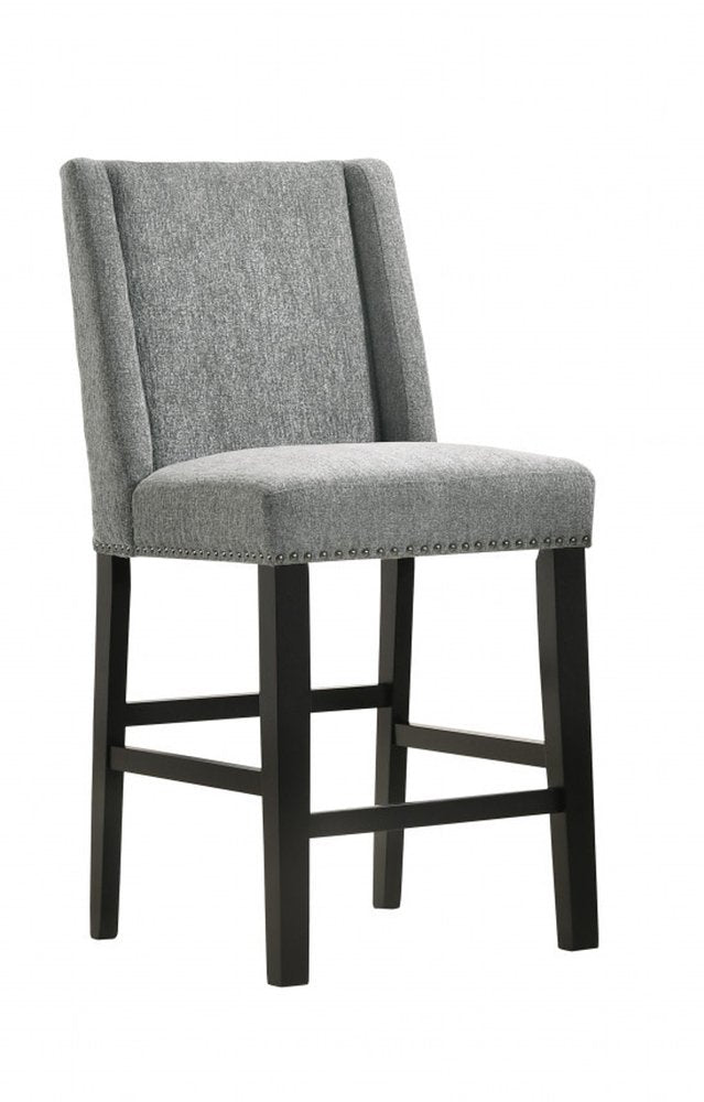 Set of Two 42" Charcoal And Espresso Fabric And Solid Wood Bar Chairs