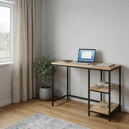 42" Natural and Black Solid Wood and Metal Computer Desk