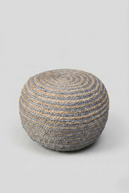 20" Gray Cotton Blend Striped Round Pouf Ottoman