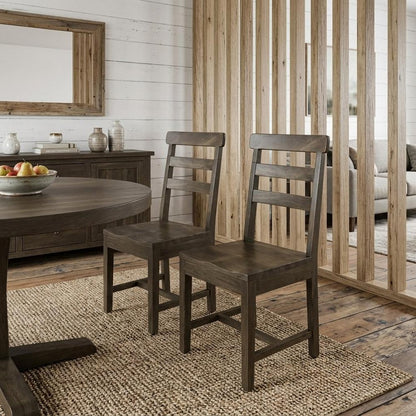 Set of Two Dark Brown Wood Ladder Back Dining Side Chairs