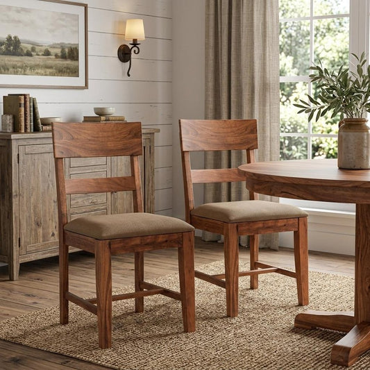 Set of Two Brown Upholstered Fabric Slat Back Dining Side Chairs