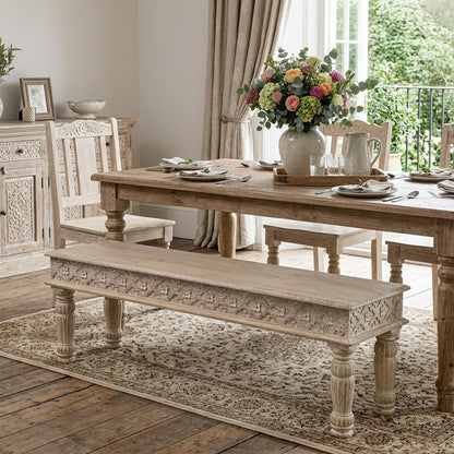 58" White Floral Distressed Solid Wood Dining Bench