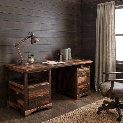 68" Natural Live Edge Solid Wood Writing Desk With Four Drawers