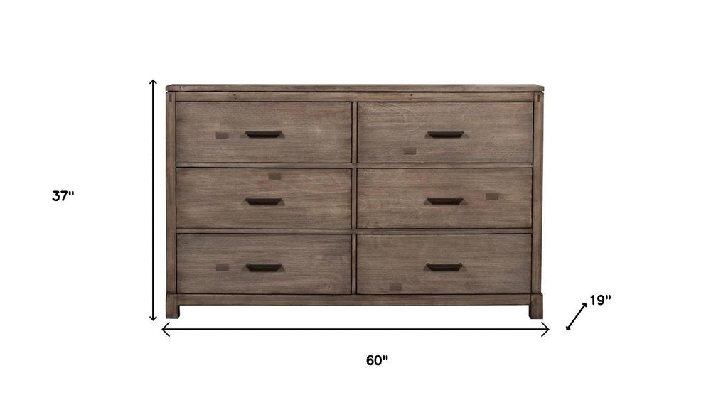 60" Gray Taupe Solid Wood Six Drawer Double Dresser