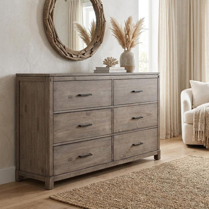 60" Gray Taupe Solid Wood Six Drawer Double Dresser
