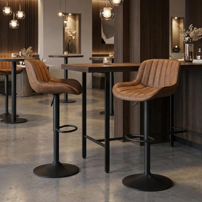 Set of Two Brown And Black Faux Leather And Steel Low Back Adjustable Height Swivel Bar Chairs