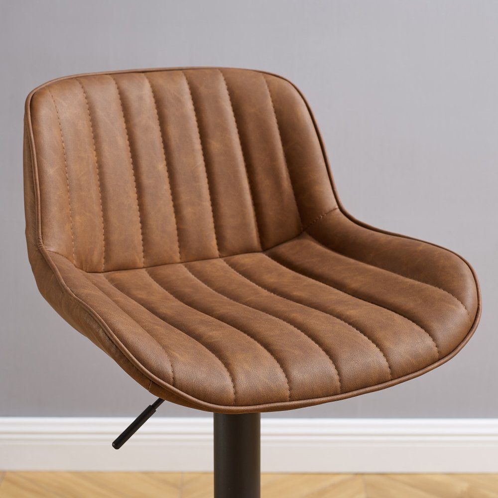 Set of Two Brown And Black Faux Leather And Steel Low Back Adjustable Height Swivel Bar Chairs