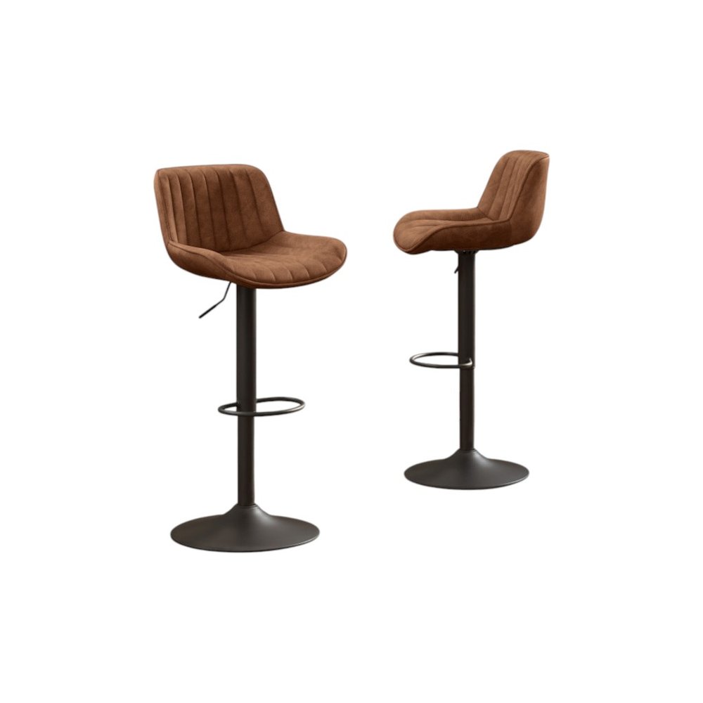 Set of Two Brown And Black Faux Leather And Steel Low Back Adjustable Height Swivel Bar Chairs