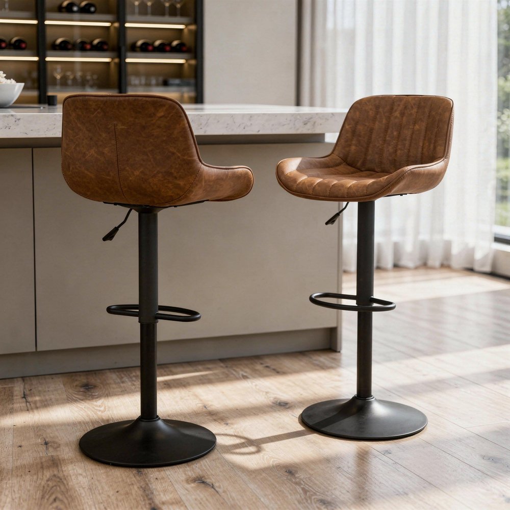 Set of Two Brown And Black Faux Leather And Steel Low Back Adjustable Height Swivel Bar Chairs
