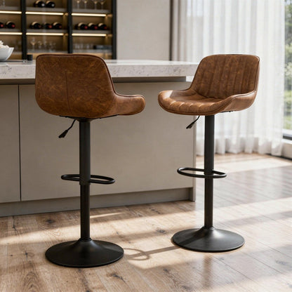 Set of Two Brown And Black Faux Leather And Steel Low Back Adjustable Height Swivel Bar Chairs