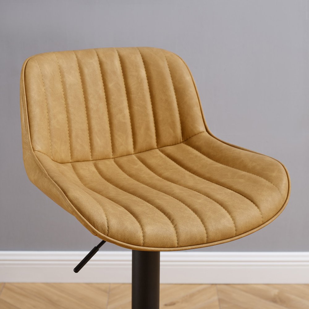Set of Two Yellow And Black Faux Leather And Steel Low Back Adjustable Height Swivel Bar Chairs