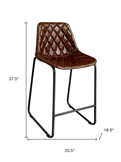 27" Brown And Black Leather And Genuine Leather And Iron Counter Height Bar Chair