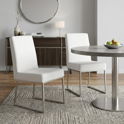 Set of Two White And Silver Faux Leather And Stainless Steel Dining Side Chairs