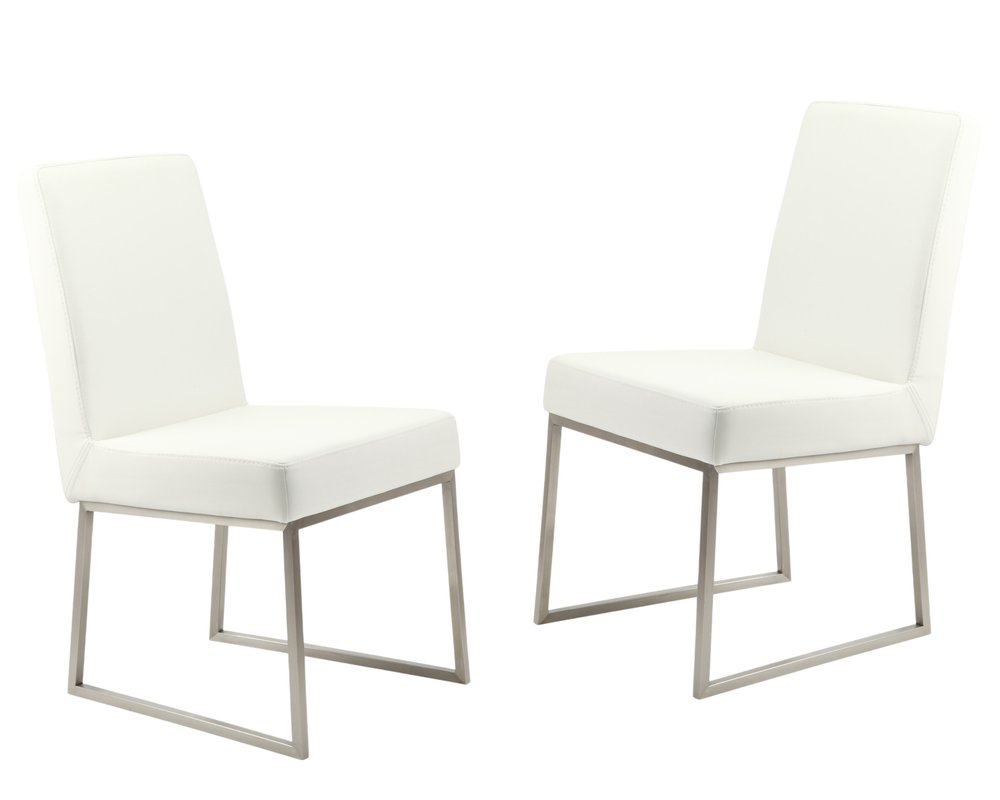 Set of Two White And Silver Faux Leather And Stainless Steel Dining Side Chairs