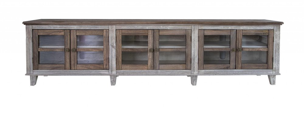 93" Brown And Gray Distressed Solid Wood Enclosed Storage TV Stand