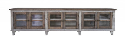 93" Brown And Gray Distressed Solid Wood Enclosed Storage TV Stand