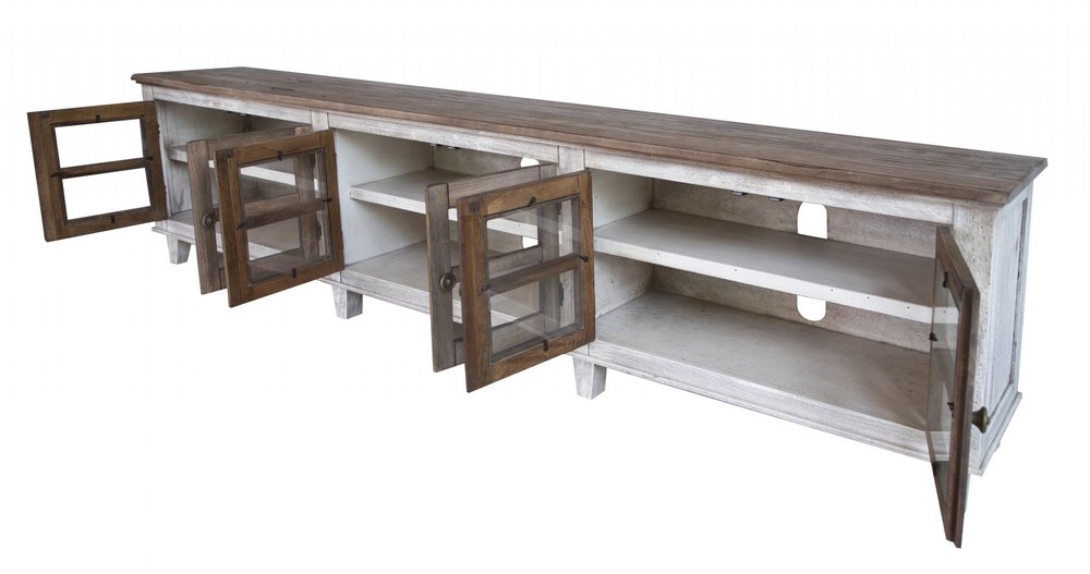 93" Brown And Gray Distressed Solid Wood Enclosed Storage TV Stand