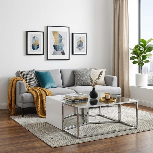 Set of Three 37" Clear And Silver Glass  Stainless Steel Square Mirrored Bunching Coffee Tables