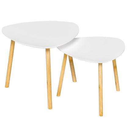 Set Of Two White and Natural Wood Triangle Nested Coffee Tables