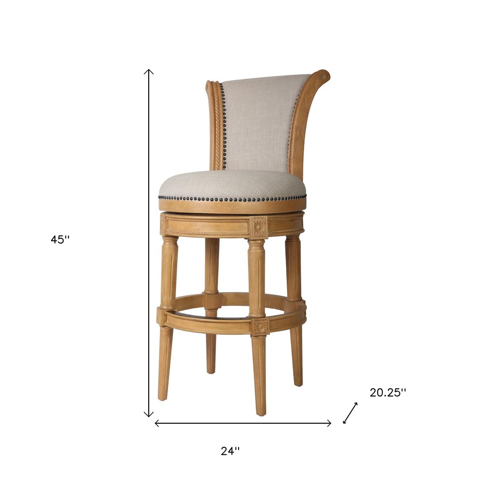 30" Beige And Natural Fabric And Solid Wood Bar Height Swivel Bar Chair