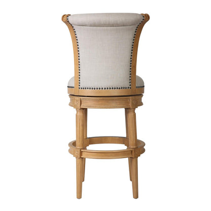 30" Beige And Natural Fabric And Solid Wood Bar Height Swivel Bar Chair