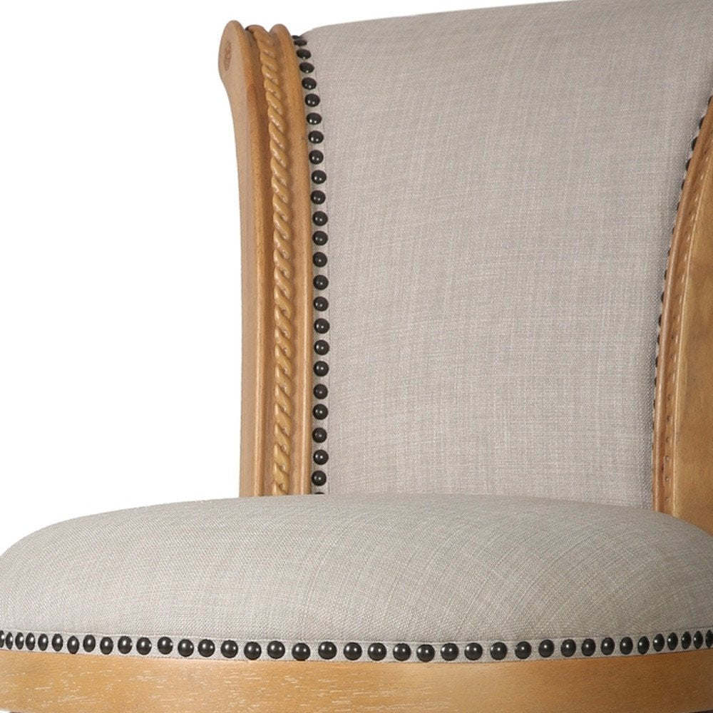 30" Beige And Natural Fabric And Solid Wood Bar Height Swivel Bar Chair