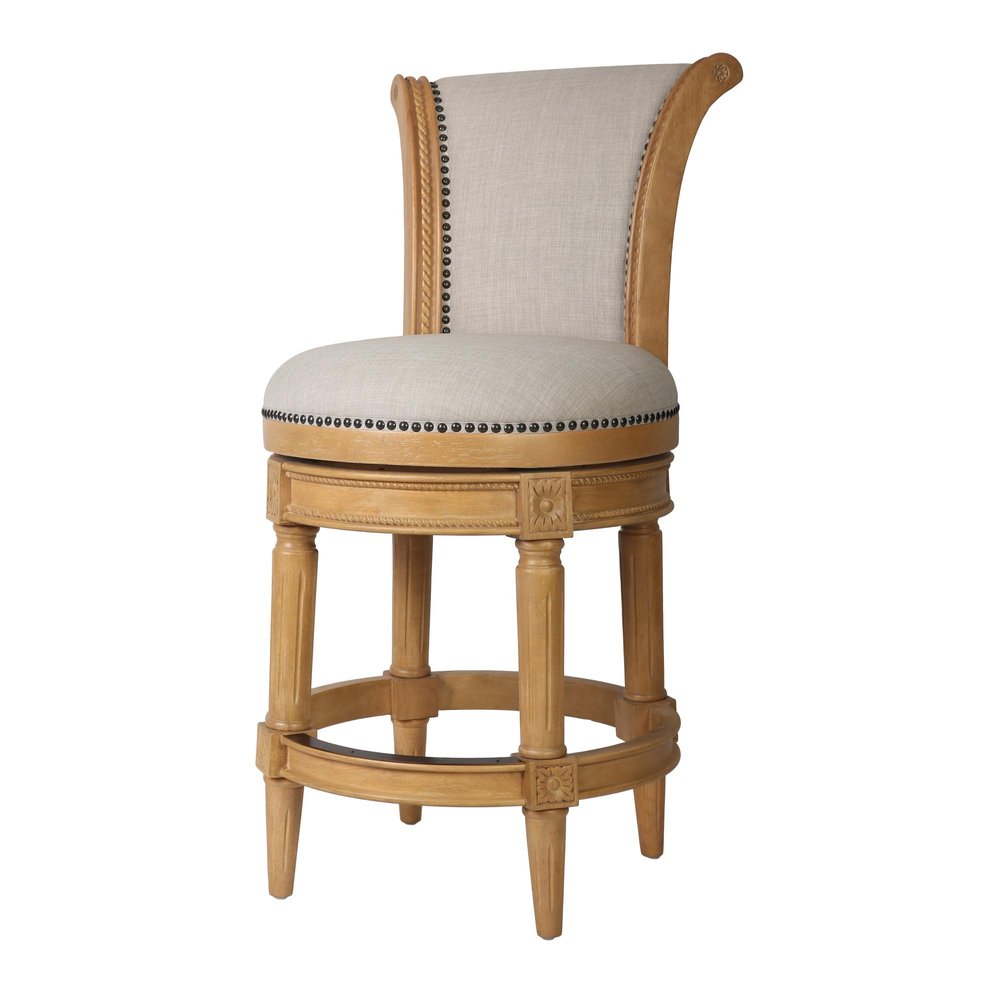 25" Beige And Natural Fabric And Solid Wood Counter Height Swivel Bar Chair
