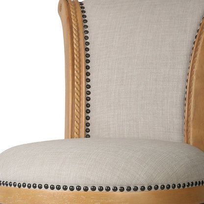 25" Beige And Natural Fabric And Solid Wood Counter Height Swivel Bar Chair