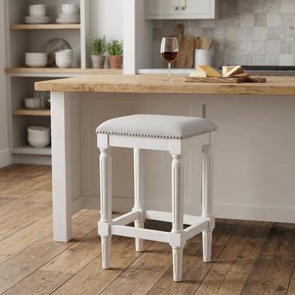 27" Gray And Antiqued White Fabric And Solid Wood Backless Counter Height Bar Chair