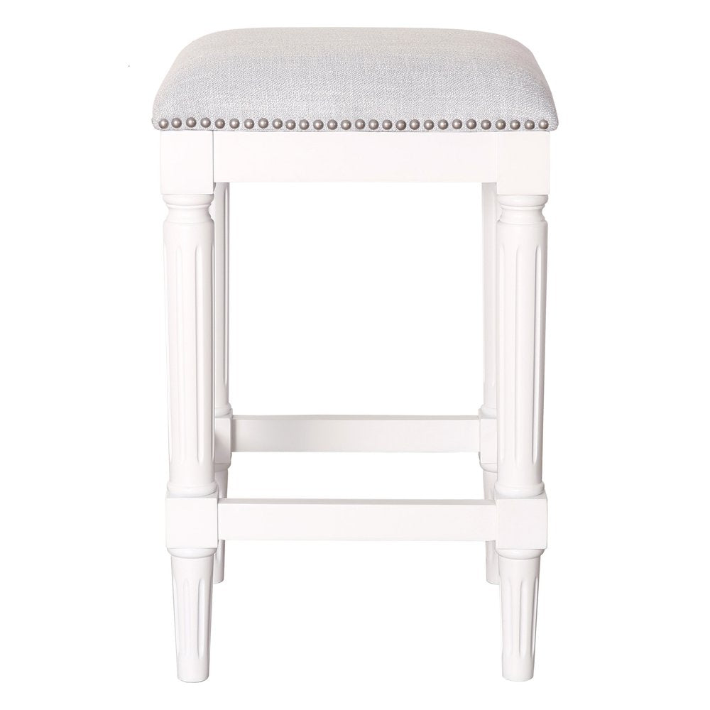 27" Gray And Antiqued White Fabric And Solid Wood Backless Counter Height Bar Chair