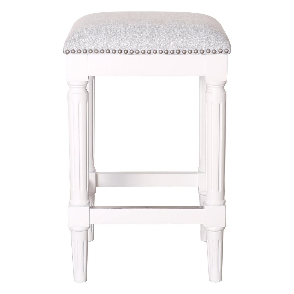 27" Gray And Antiqued White Fabric And Solid Wood Backless Counter Height Bar Chair