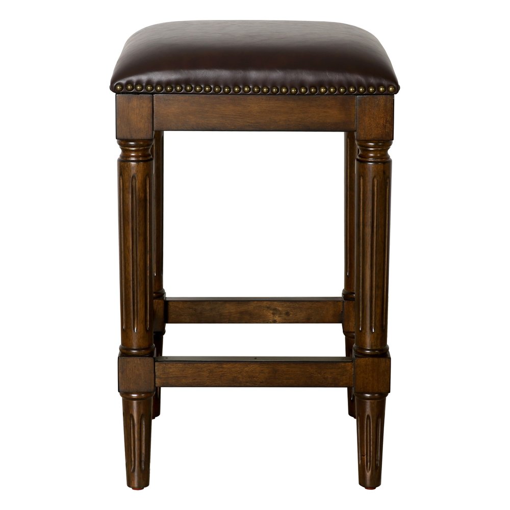 27" Brown And Dark Brown Fabric And Solid Wood Backless Counter Height Bar Chair